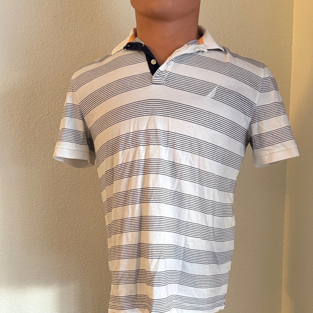 Nautica Men's Polo Shirt - White and Navy Stripes